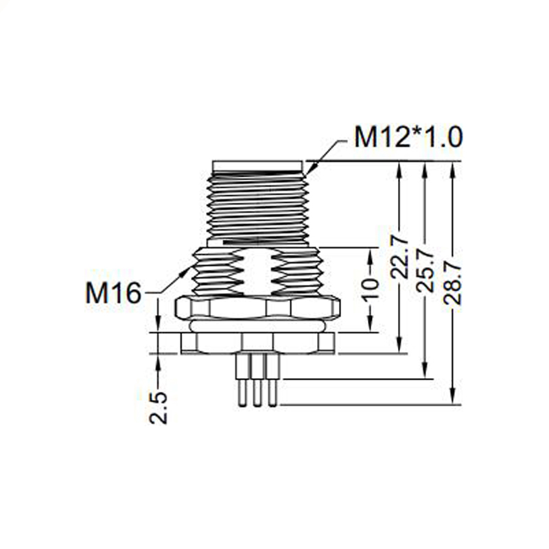 M12 4pins A code male straight front panel mount connector M16 thread,unshielded,insert,brass with nickel plated shell